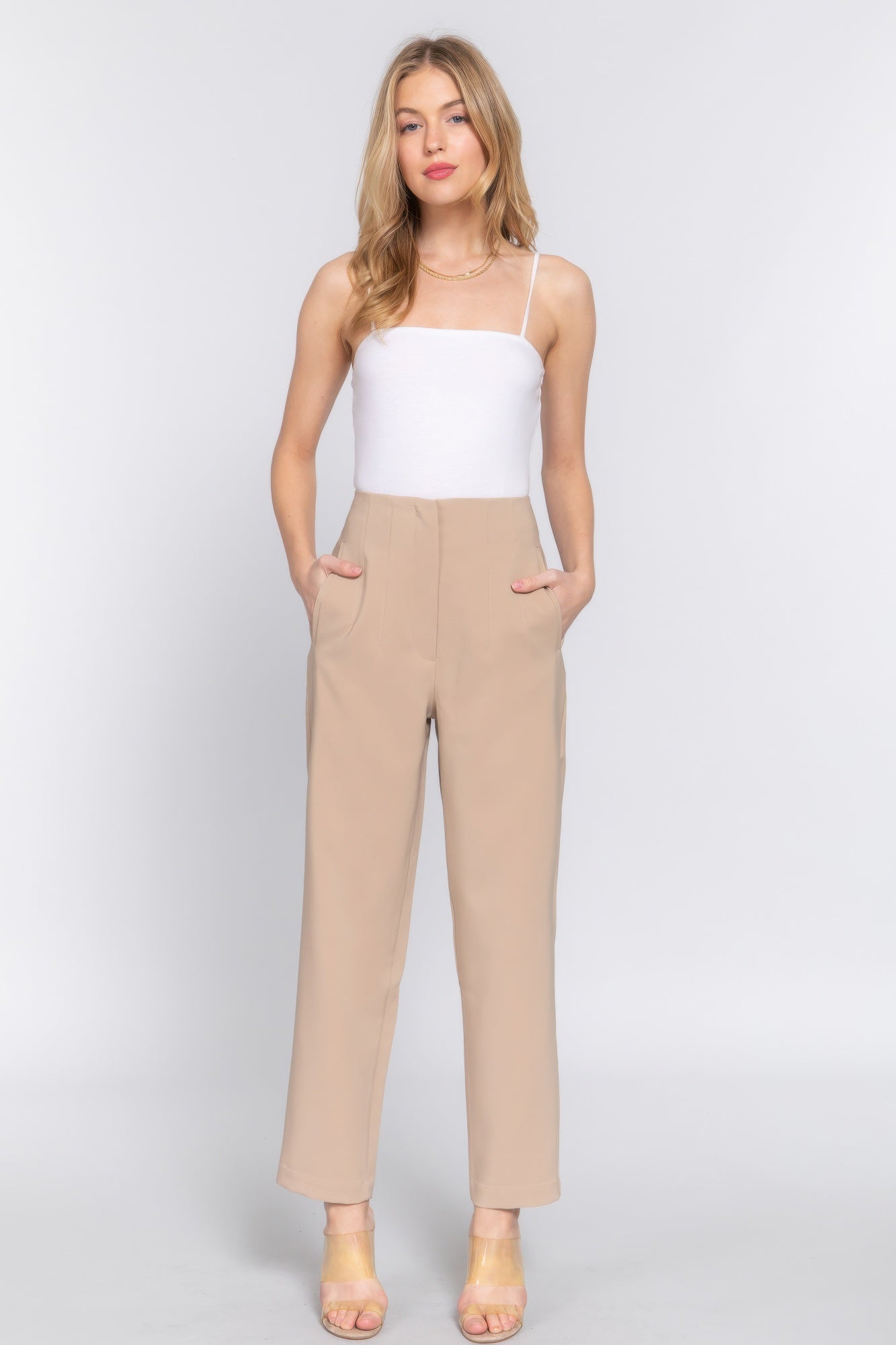 High Waist Pintuck Detail Long Pants