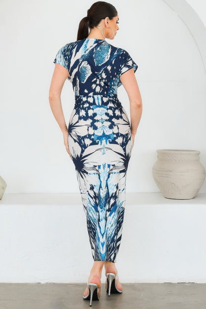 Printed Deep V-neck Pleats Midi Dress