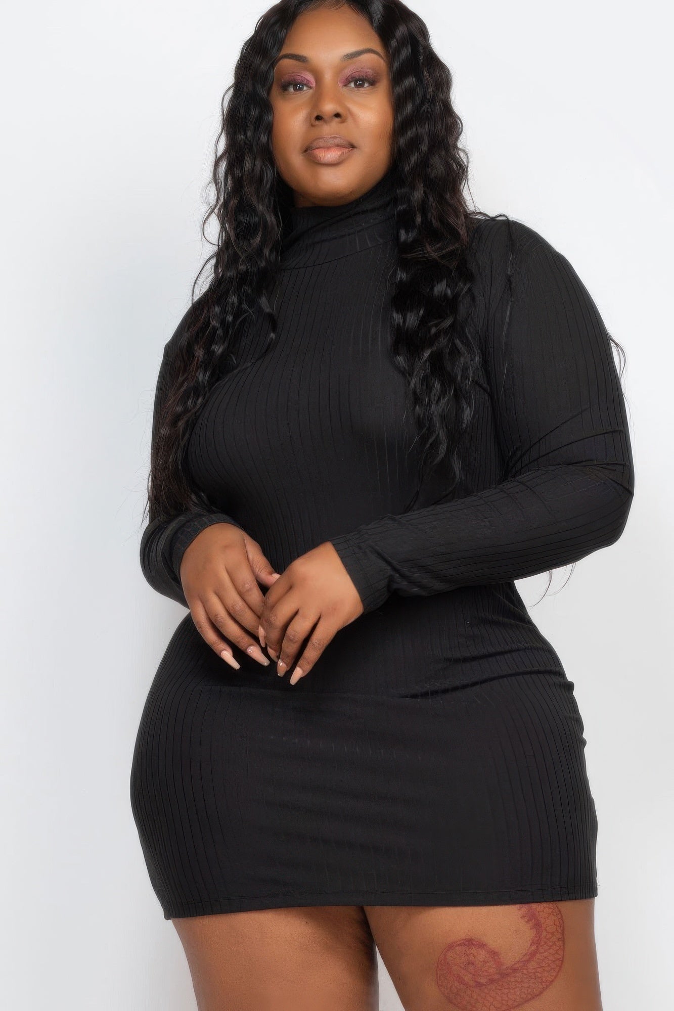Plus Size Ribbed Long Sleeve Mock Neck Mini Bodycon Dress Plus Size Ribbed Long Sleeve Mock Neck Mini Bodycon Dress