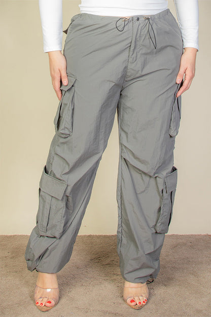 Curvy Flap Pocket Drawstring Ruched Parachute Pants