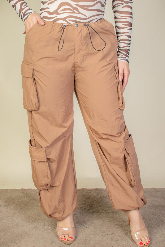 Curvy Flap Pocket Drawstring Ruched Parachute Pants