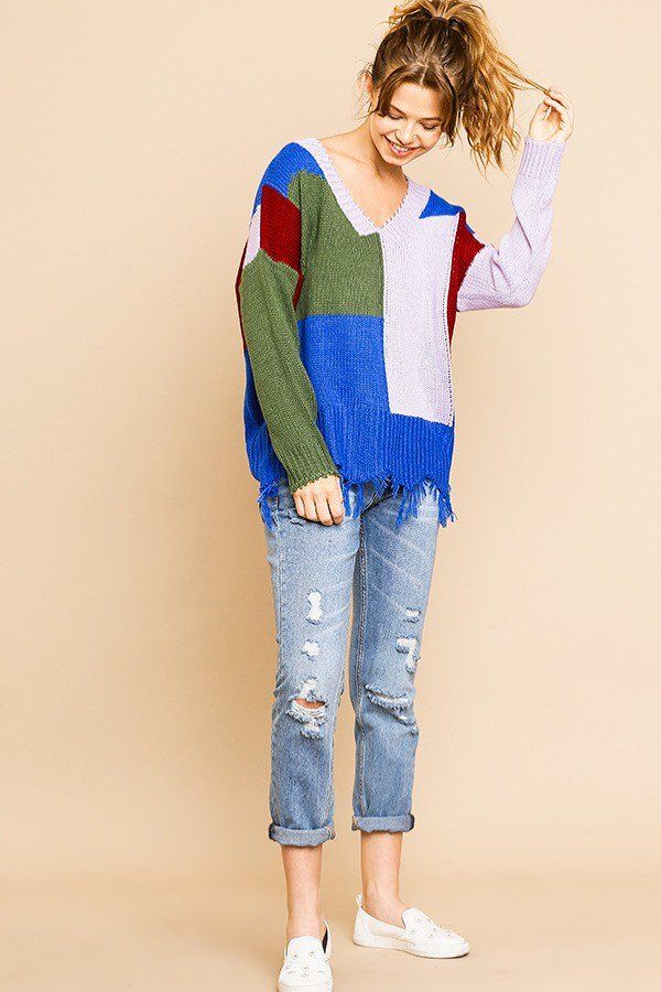 Color Blocked Long Sleeve V-neck Knit Pullover Sweater