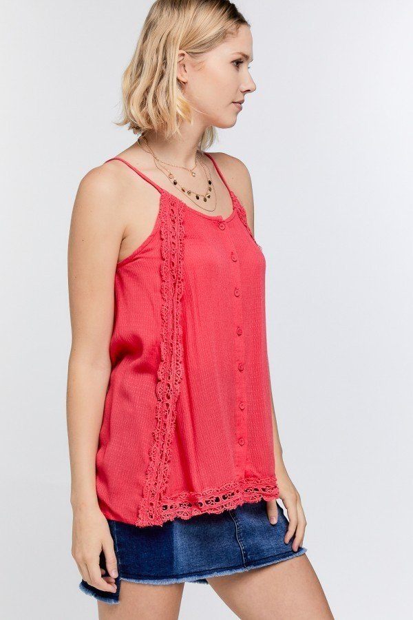 Boho Scallop Lace Trim Detailed Button Down Solid Subtle Textured Slit Side Overlay Layered Cami Top
