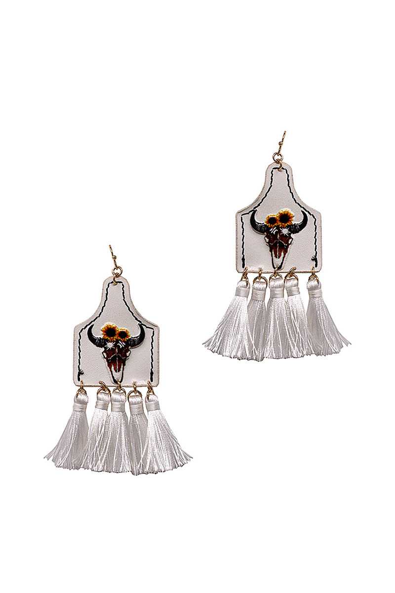 Stylish Western Cow Skull And Tassel Drop Earring