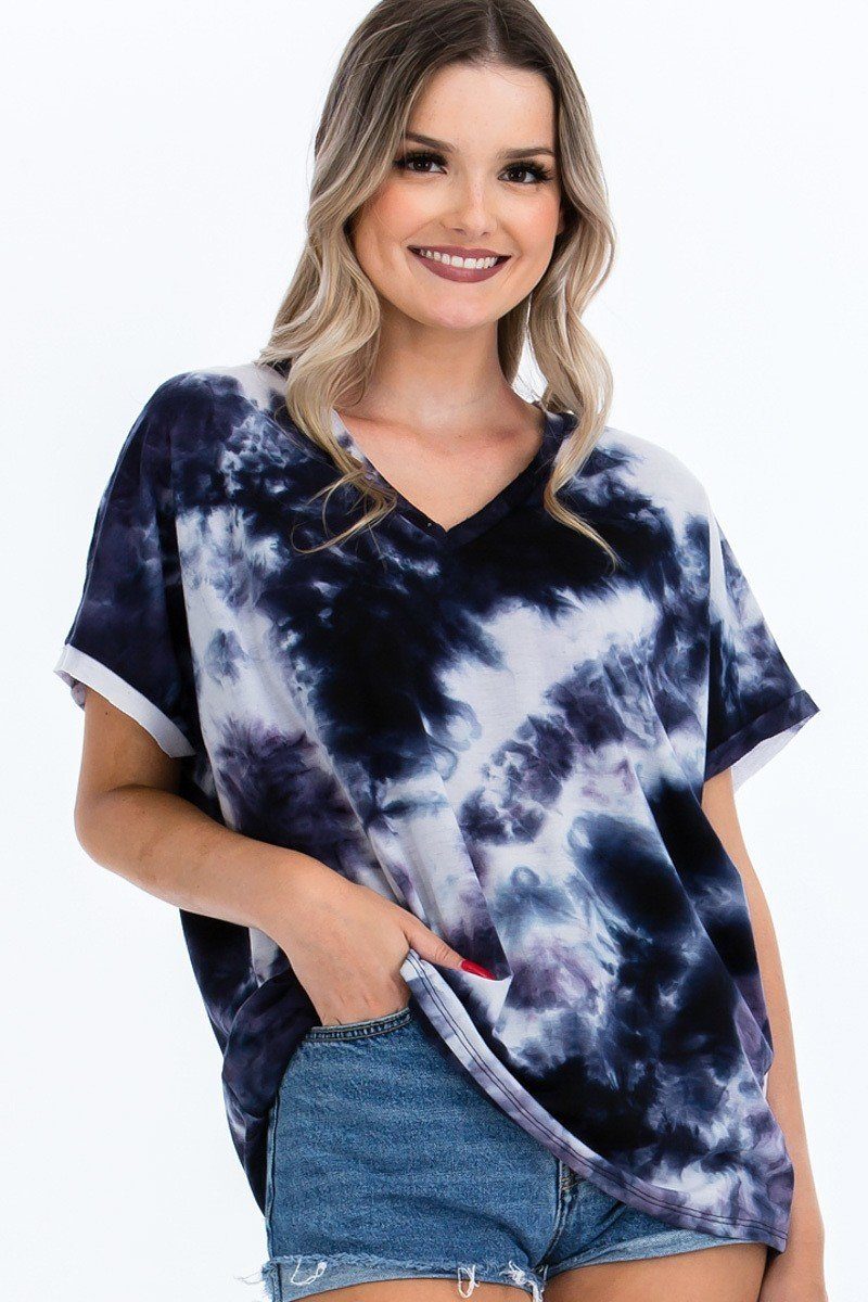 Tie-dye Top Featured In A V-neckline And Cuff Sort Sleeves