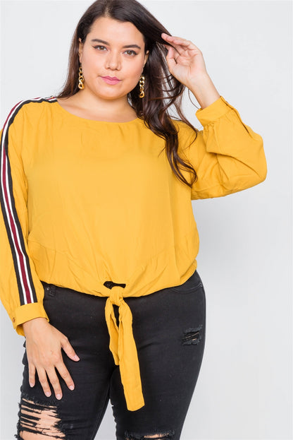 Plus Size Color Block Sleeve Front Knot Semi-sheer Top