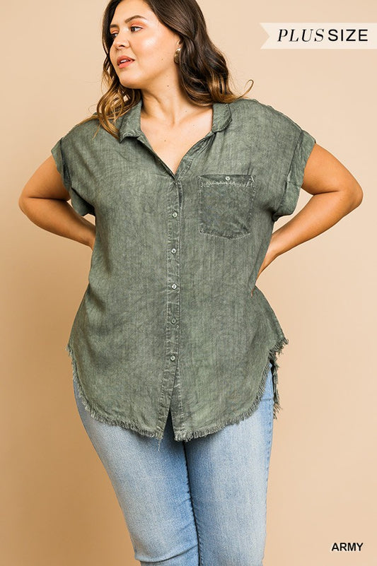Washed Button Up Short Sleeve Top With Frayed Hemline