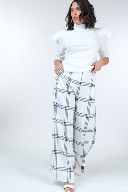 High Waist Plaid Print Wide Leg Pants