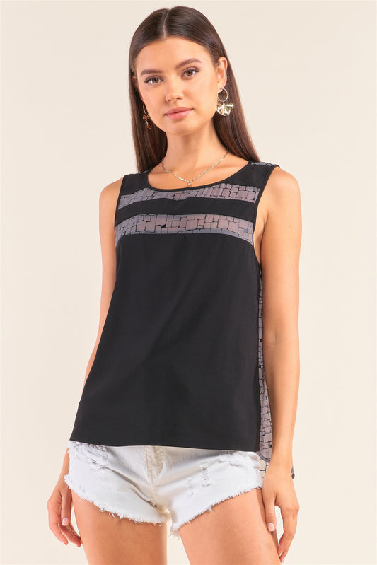 Grey And Black Sleeveless Relaxed Fit Brick Pattern Print Mesh Round Neck Top