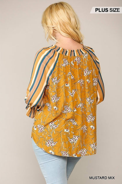 Print Mixed Peasant Smocked Top