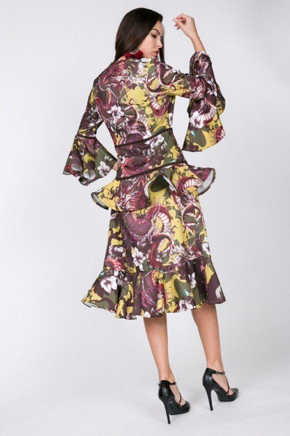 Cascade Ruffle Sleeve Frill Tiered Bottom Print Midi Dress