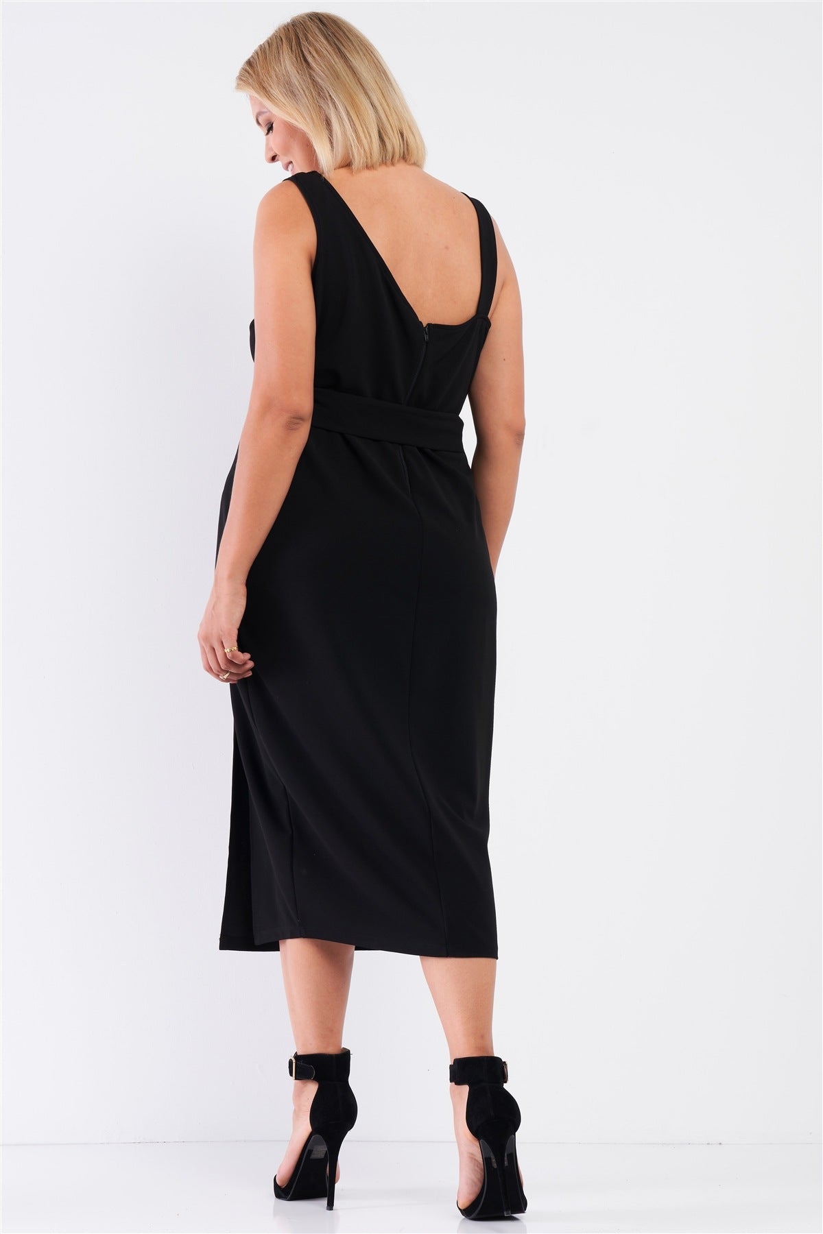 Plus Sleeveless Asymmetrical Shoulder Front Slit Detail Belted Dress