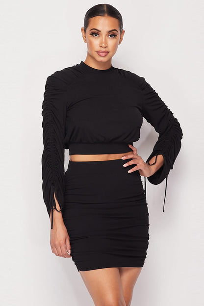 Ruched Long Sleeve And Skirt Set