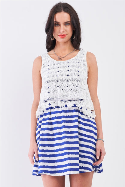 White & Navy Horizontal Striped Round Neck Sleeveless Floral Embroidery Layered Top Mini Dress