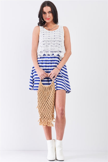 White & Navy Horizontal Striped Round Neck Sleeveless Floral Embroidery Layered Top Mini Dress