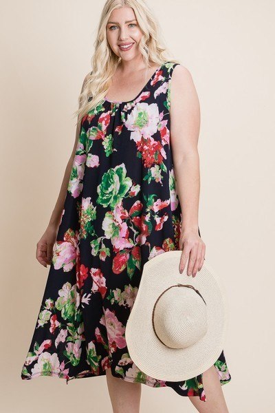 Plus Size Floral  Printed Tank Midi Dress With Asymmetrical Hem