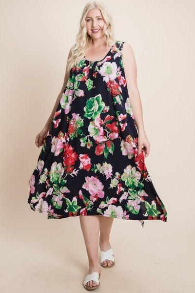 Plus Size Floral  Printed Tank Midi Dress With Asymmetrical Hem