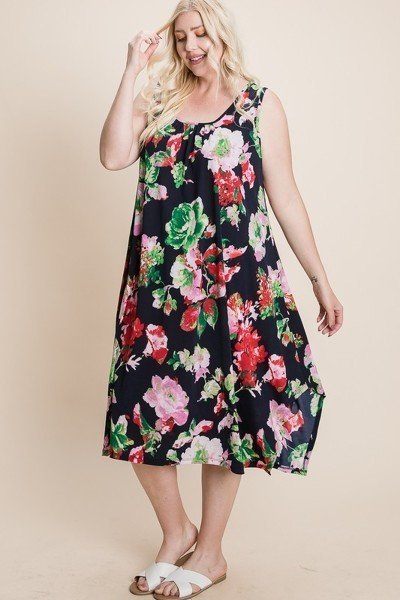 Plus Size Floral  Printed Tank Midi Dress With Asymmetrical Hem