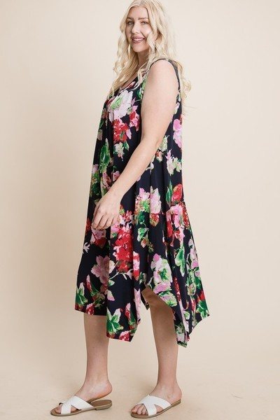 Plus Size Floral  Printed Tank Midi Dress With Asymmetrical Hem