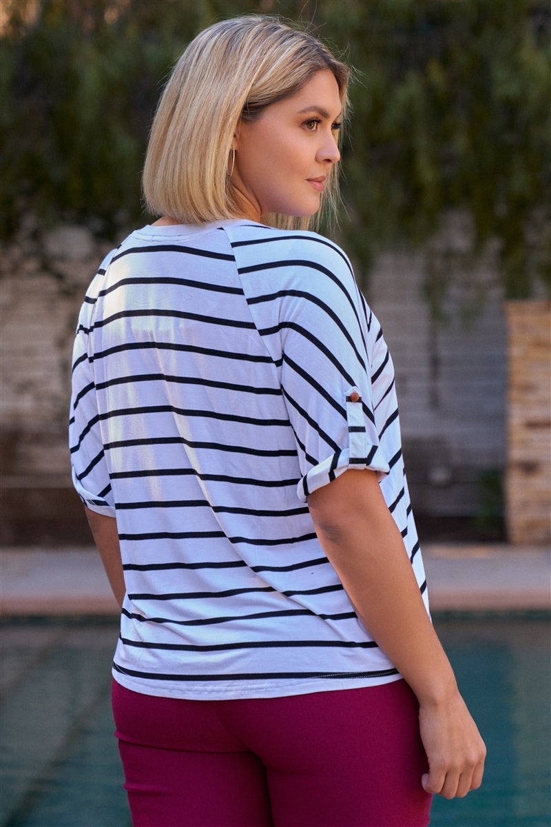 Plus White & Black Stripped V-neck With Vegan Leather Detail Short Roll Up Sleeve Relaxed Fit Top