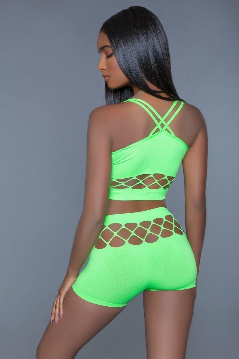 2 pc silk fishnet set that includes a tank crop top with criss-cross cami straps and a pair of high waisted booty shorts.