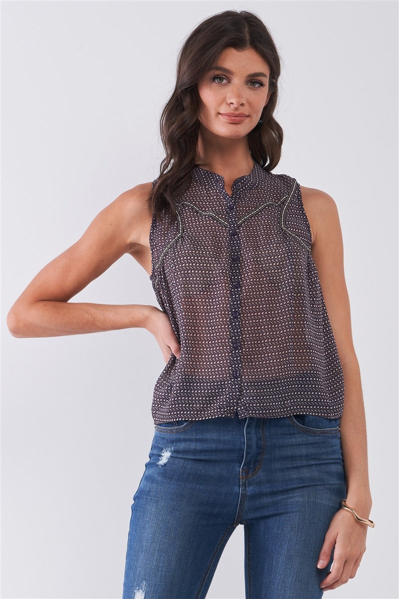 Purple & Multi Sleeveless Mock Neck Front Button Down Sheer Blouse Top