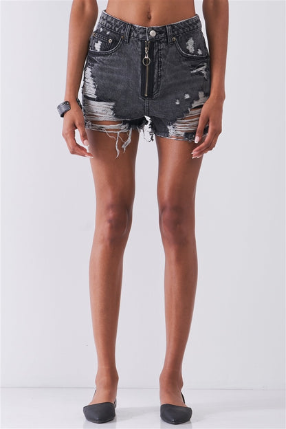 High-waist Front Zip-up Raw Hem Detail Distressed Mini Shorts