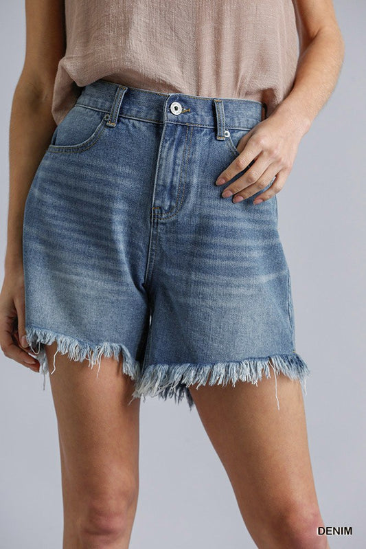 High Rise Denim Shorts With Raw Hem