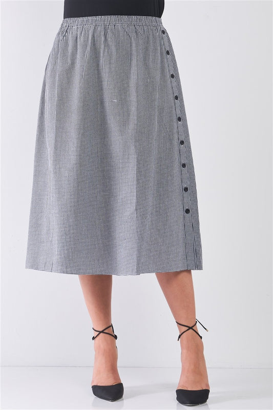 Plus Size Black Gingham Print Side Button Midi Skirt