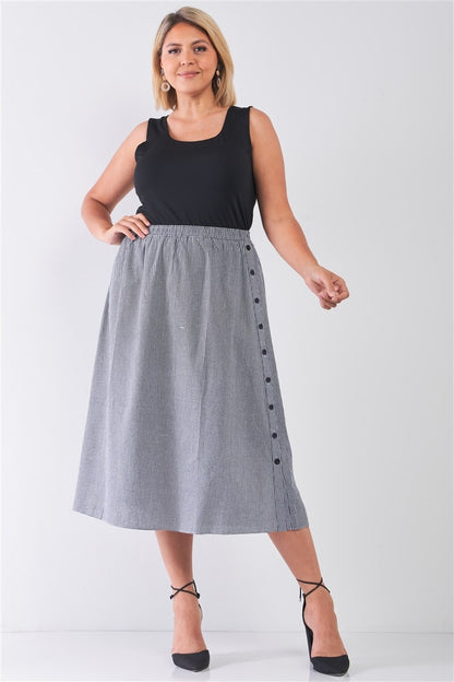 Plus Size Black Gingham Print Side Button Midi Skirt