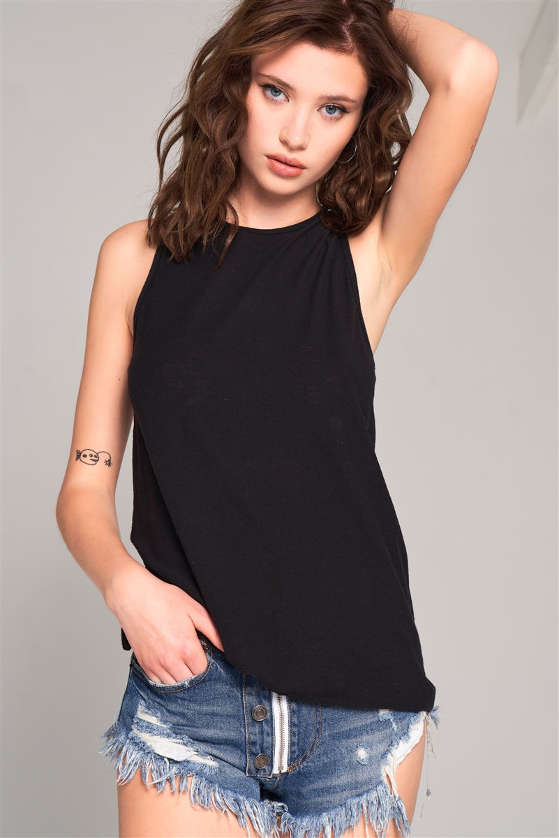 Sleeveless Crew Neck Cut-out Back Detail Longline Top