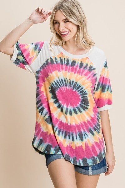 French Terry Tie Dye Printed Casual Mini Bubble Sleeves Tunic Top