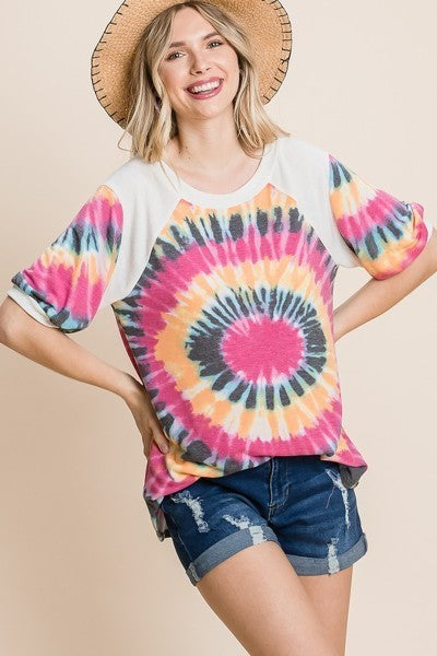 French Terry Tie Dye Printed Casual Mini Bubble Sleeves Tunic Top