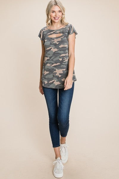 Camo Printed Cut Out Neckline Short Flutter Sleeves Casual Basic Top