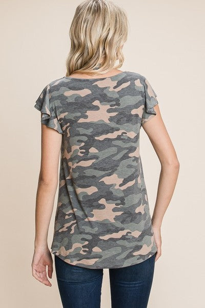 Camo Printed Cut Out Neckline Short Flutter Sleeves Casual Basic Top