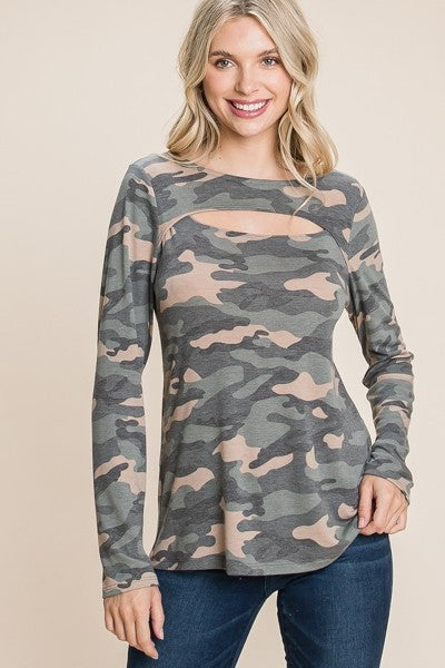 Camo Printed Cut Out Neckline Long Sleeves Casual Basic Top