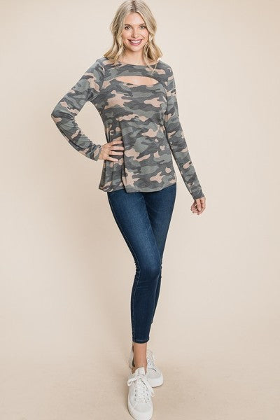 Camo Printed Cut Out Neckline Long Sleeves Casual Basic Top