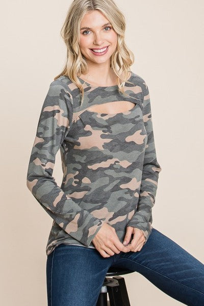 Camo Printed Cut Out Neckline Long Sleeves Casual Basic Top