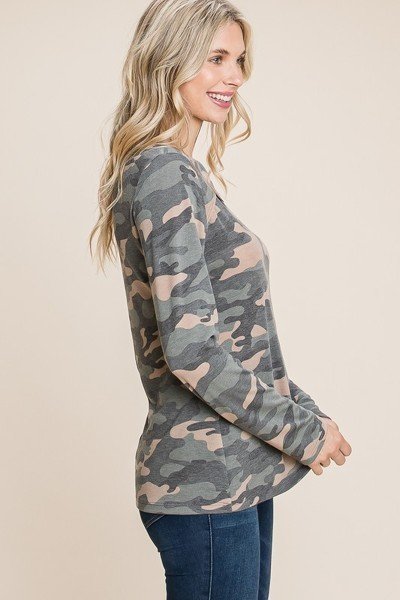 Camo Printed Cut Out Neckline Long Sleeves Casual Basic Top