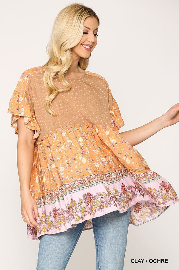 Dot And Floral Print Mixed Ruffle Top With Back Keyhole