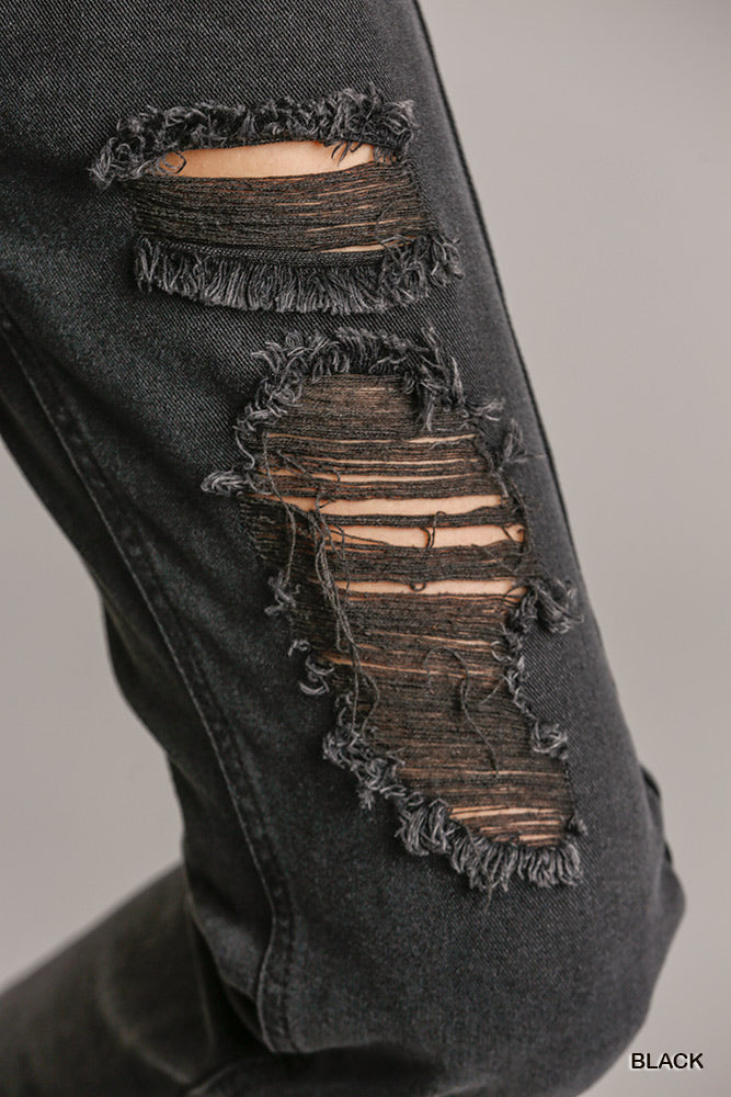 5 Pockets Non-stretch Straight Cut Distressed Denim Jeans With Raw Hem