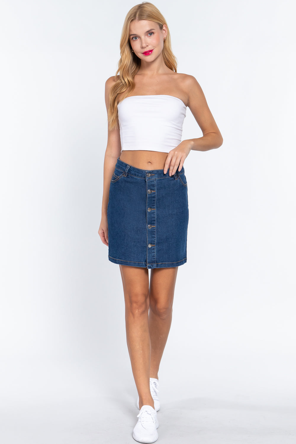 Buttoned Stretch Denim Mini Skirt
