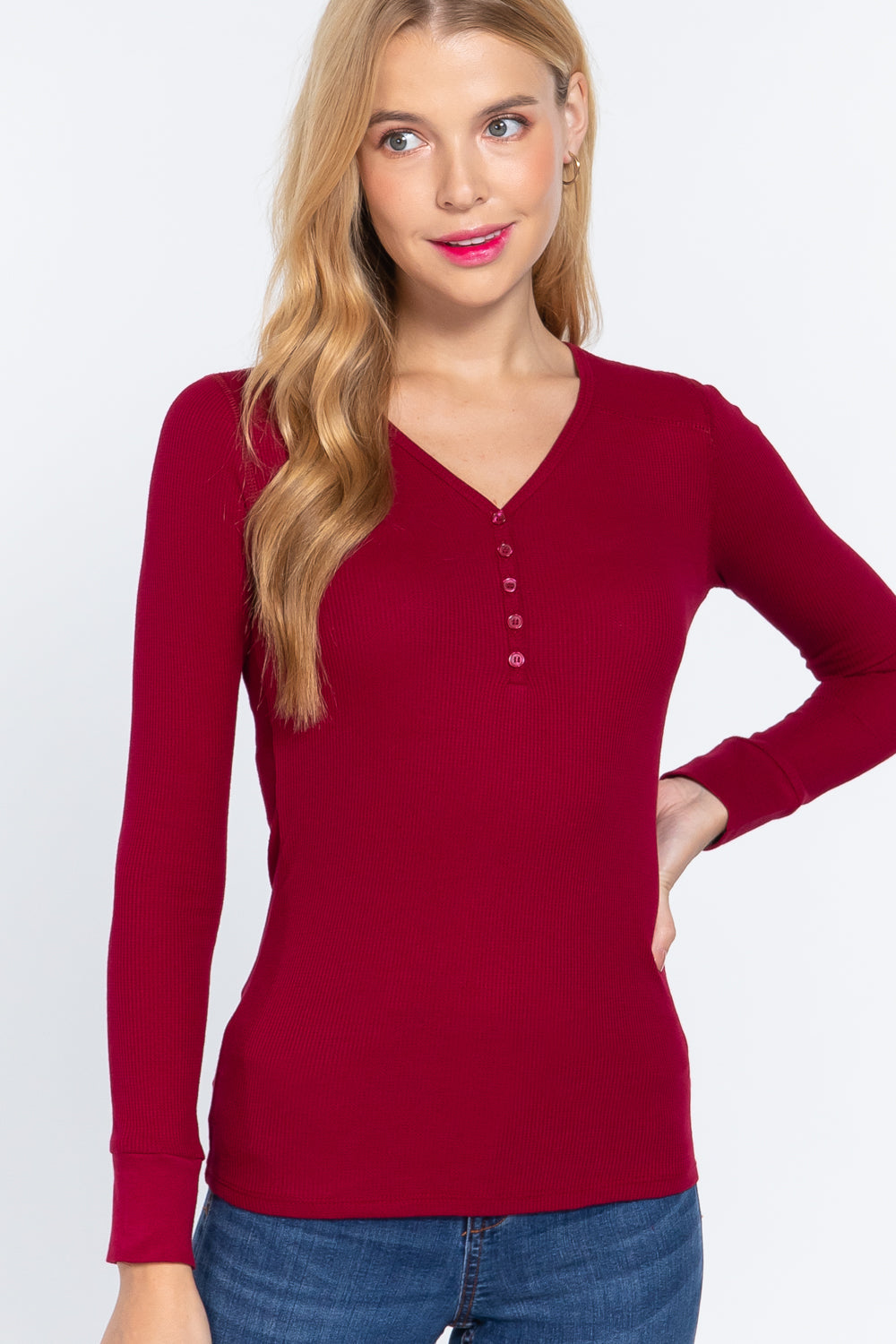 Long Slv V-neck Placket Thermal Top