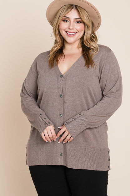 Plus Size Solid Buttery Soft V Neck Button Up  Two Tone Knit Cardigan