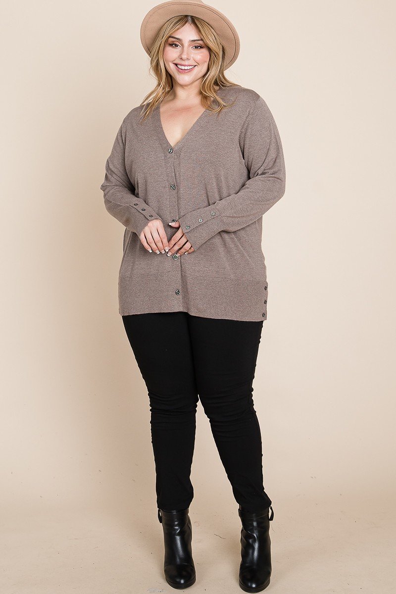 Plus Size Solid Buttery Soft V Neck Button Up  Two Tone Knit Cardigan