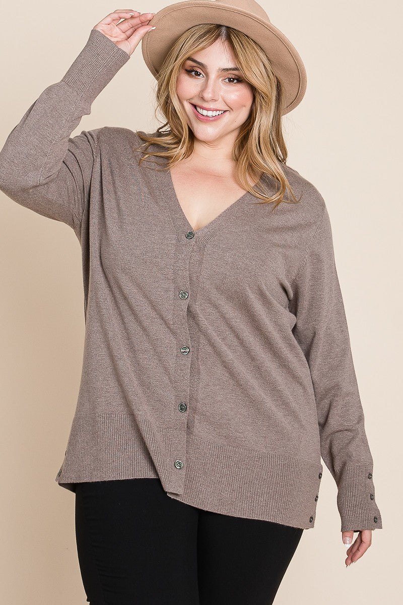 Plus Size Solid Buttery Soft V Neck Button Up  Two Tone Knit Cardigan