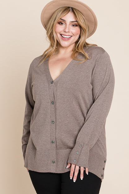 Plus Size Solid Buttery Soft V Neck Button Up  Two Tone Knit Cardigan