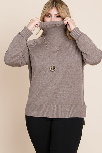 Plus Size  Buttery Soft Solid Knit Turtleneck Two Tone High Low Hem Sweater