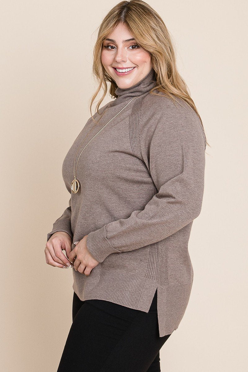 Plus Size  Buttery Soft Solid Knit Turtleneck Two Tone High Low Hem Sweater