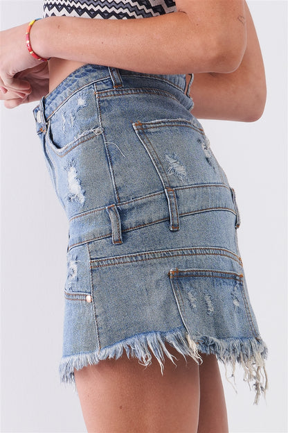 Medium Blue Denim High-waist Distressed Effect Asymmetrical Trim Raw Hem Detail Mini Skirt